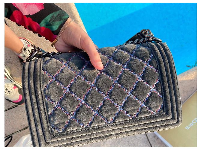 Chanel Boy Medium Velluto Grigio Scuro Grigio antracite - vista 5