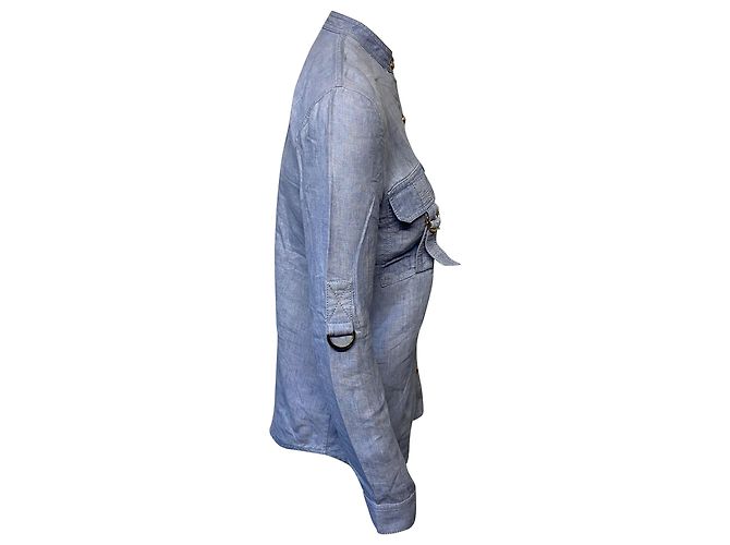 Camicia Balmain con Maniche Regolabili con Tasche in Lino Blu - vista 3