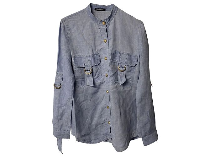 Camicia Balmain con Maniche Regolabili con Tasche in Lino Blu - vista 4