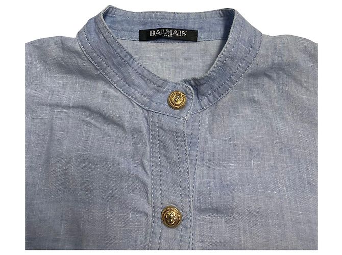 Camicia Balmain con Maniche Regolabili con Tasche in Lino Blu - vista 6
