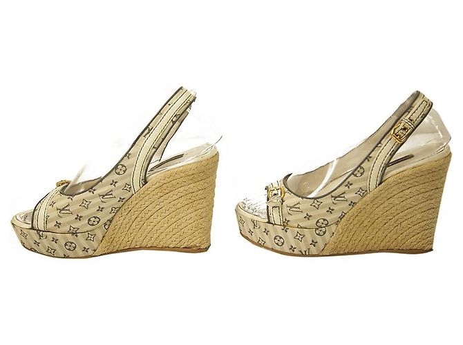 Louis Vuitton White Mini Lin Monogram Canvas Décolleté con tacco a zeppa 37 Multicolore - vista 4