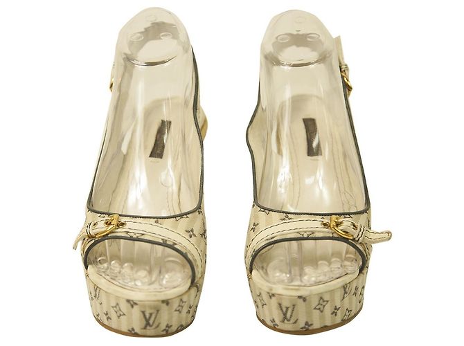 Louis Vuitton White Mini Lin Monogram Canvas Décolleté con tacco a zeppa 37 Multicolore - vista 6