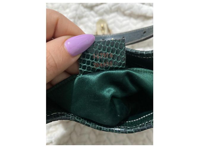 Gucci Mini Borsa in Raso Horsebit e Pelle di Lucertola Bianco Verde Viola Porpora - vista 13