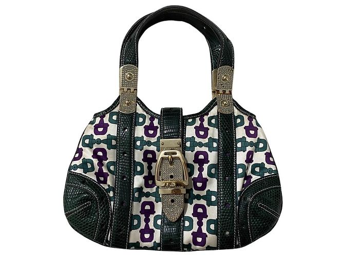 Gucci Mini Borsa in Raso Horsebit e Pelle di Lucertola Bianco Verde Viola Porpora - vista 2