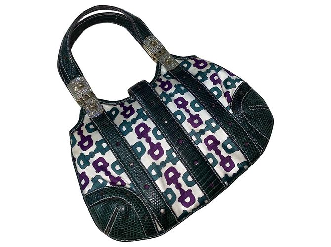 Gucci Mini Borsa in Raso Horsebit e Pelle di Lucertola Bianco Verde Viola Porpora - vista 3