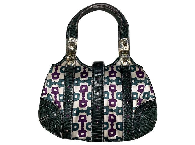 Gucci Mini Borsa in Raso Horsebit e Pelle di Lucertola Bianco Verde Viola Porpora - vista 4