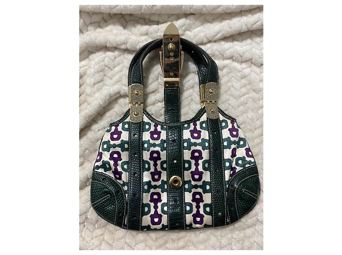 Gucci Mini Borsa in Raso Horsebit e Pelle di Lucertola Bianco Verde Viola Porpora - vista 6