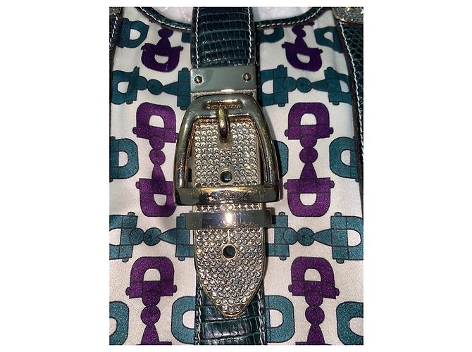 Gucci Mini Borsa in Raso Horsebit e Pelle di Lucertola Bianco Verde Viola Porpora - vista 7