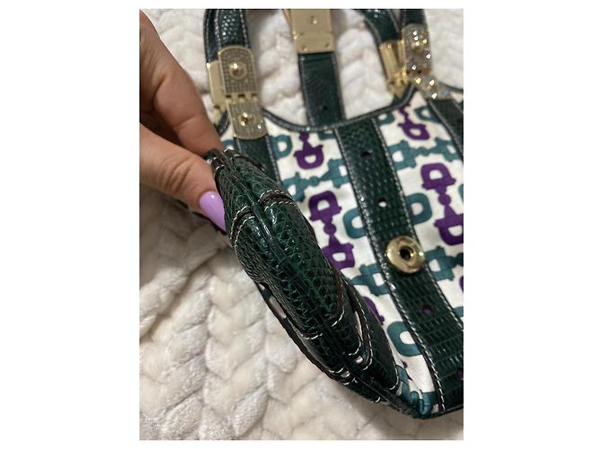 Gucci Mini Borsa in Raso Horsebit e Pelle di Lucertola Bianco Verde Viola Porpora - vista 8
