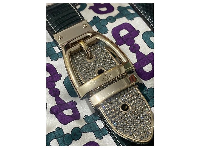 Gucci Mini Borsa in Raso Horsebit e Pelle di Lucertola Bianco Verde Viola Porpora - vista 9