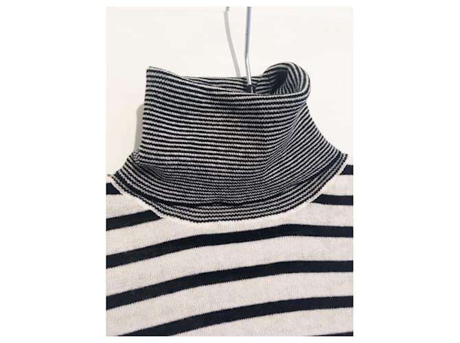 Zara Strickpullover aus Baumwolle mit Rollkragen gestreift Navy Weiß Marineblau - Ansicht 7