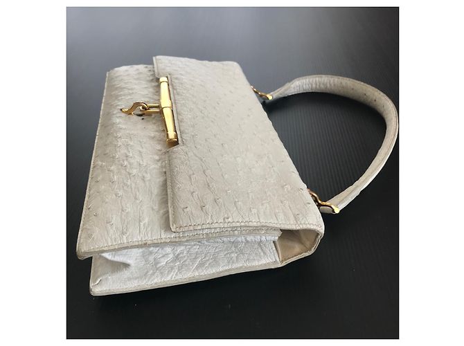 Borsa a mano Hermès Palonnier in pelle di struzzo Eggshell Bianco sporco - vista 5