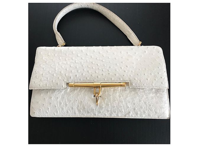 Borsa a mano Hermès Palonnier in pelle di struzzo Eggshell Bianco sporco - vista 7