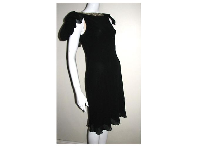Schwarzes Seidenkleid von Marchesa Notte mit Goldrand - Ansicht 2
