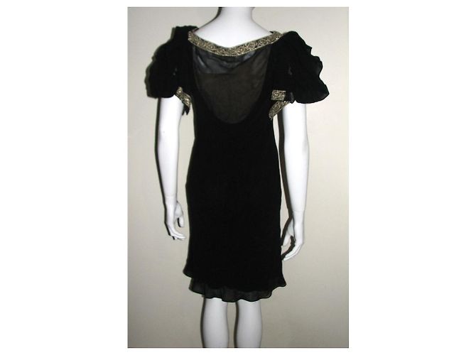 Schwarzes Seidenkleid von Marchesa Notte mit Goldrand - Ansicht 5