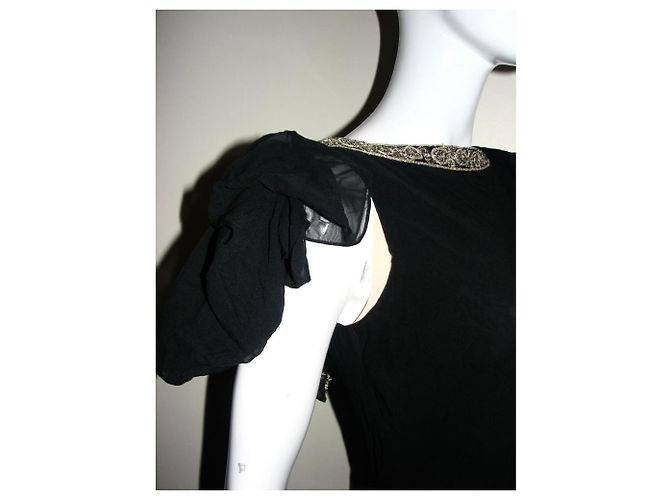 Schwarzes Seidenkleid von Marchesa Notte mit Goldrand - Ansicht 8