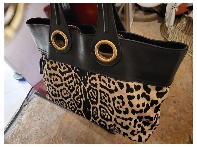 Autre Marque YVES SAINT LAURENT PALMA borsa shopper nera in tela e pelle Stampa leopardo - vista 2