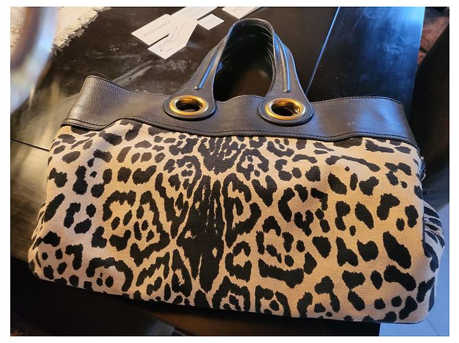 Autre Marque YVES SAINT LAURENT PALMA borsa shopper nera in tela e pelle Stampa leopardo - vista 3