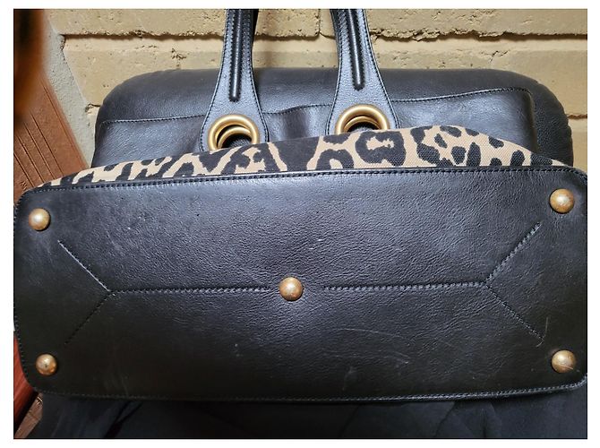 Autre Marque YVES SAINT LAURENT PALMA borsa shopper nera in tela e pelle Stampa leopardo - vista 5