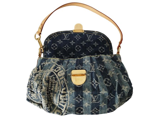 Borsa Louis Vuitton Pleaty in tela denim blu - vista 9