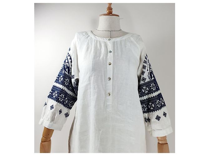 Autre Marque Vestido Claire de lino bordado blanco Azul - vista 2