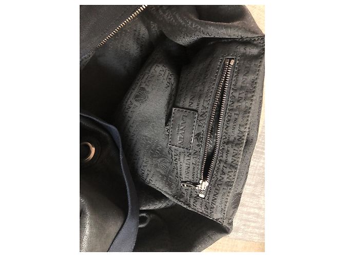 Borsa a mano Lanvin in pelle nera con manici in seta blu Nero - vista 6