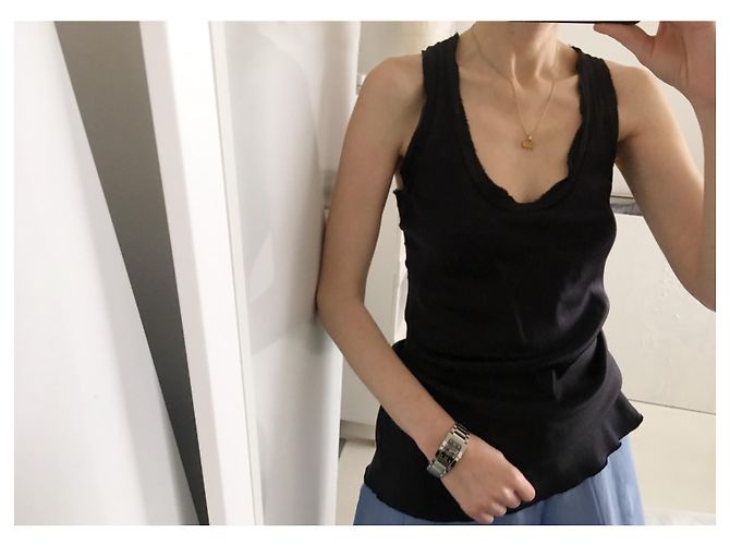 Autre Marque Seidiges Longtop mit ungesäumten Schnittkanten Schwarz Marineblau - Ansicht 2