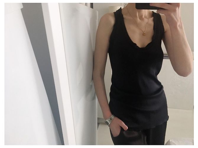 Autre Marque Seidiges Longtop mit ungesäumten Schnittkanten Schwarz Marineblau - Ansicht 4