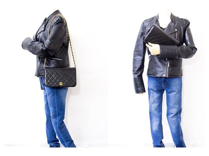 Pochette CHANEL per borsa a tracolla con patta e catena in pelle di agnello trapuntata nera Nero - vista 12