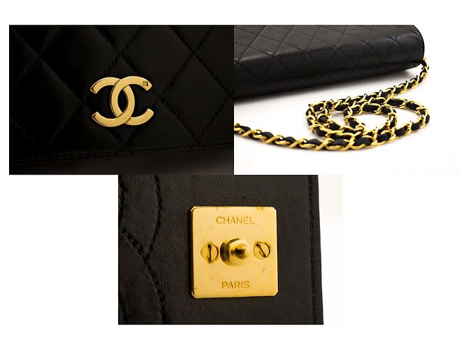 Pochette CHANEL per borsa a tracolla con patta e catena in pelle di agnello trapuntata nera Nero - vista 7