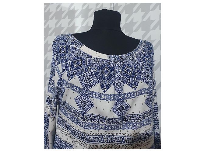 Baum und Pferdgarten Kleid aus blauer Viscose Weiß - Ansicht 3