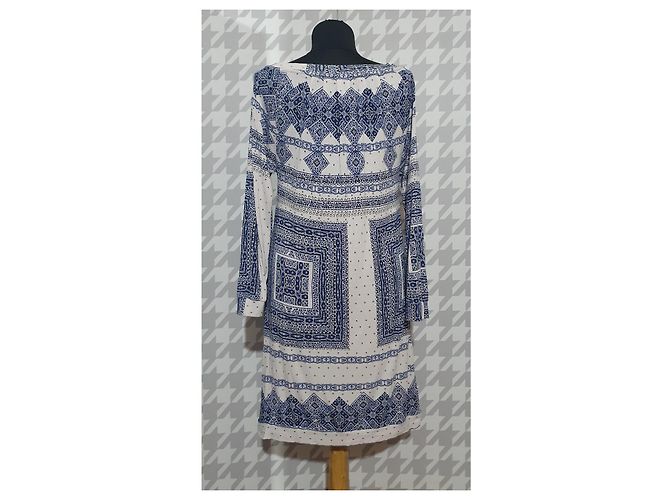 Baum und Pferdgarten Kleid aus blauer Viscose Weiß - Ansicht 4