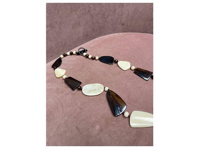 Autre Marque Collana lunga in perline di legno Marrone Crema - vista 7