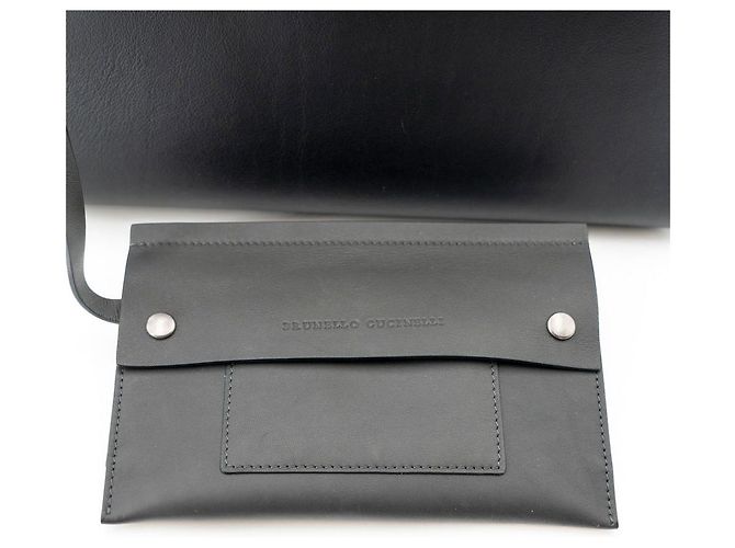 Bolsa de alça superior Brunello Cucinelli em couro preto com lona e acabamento lateral Monili - vista 10