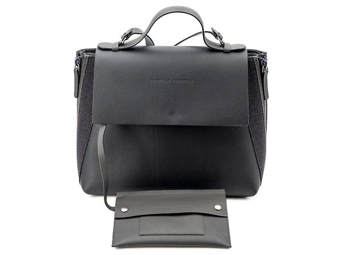 Bolsa de alça superior Brunello Cucinelli em couro preto com lona e acabamento lateral Monili - vista 11