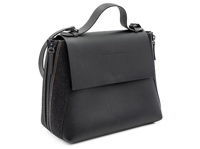 Bolsa de alça superior Brunello Cucinelli em couro preto com lona e acabamento lateral Monili - vista 3