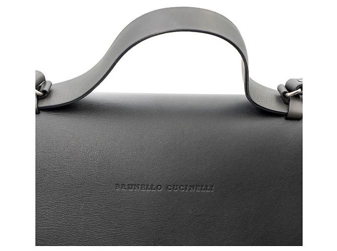 Bolsa de alça superior Brunello Cucinelli em couro preto com lona e acabamento lateral Monili - vista 8