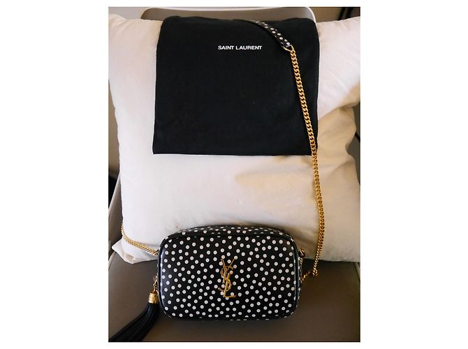 Saint Laurent Camera Bag Borsa a tracolla pelle nera a pois bianchi Nero Bianco - vista 2
