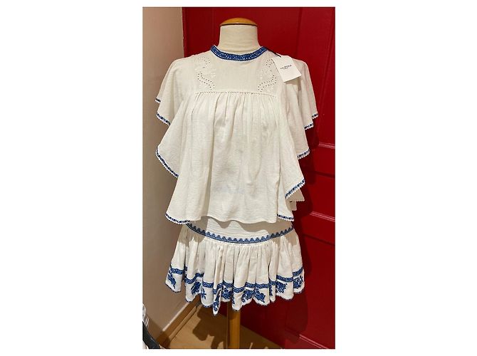 Top Isabel Marant Etoile de Babados em Algodão Branco e Azul - vista 10