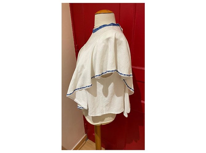 Top Isabel Marant Etoile de Babados em Algodão Branco e Azul - vista 4