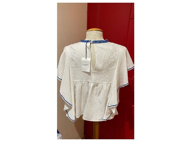 Top Isabel Marant Etoile de Babados em Algodão Branco e Azul - vista 5