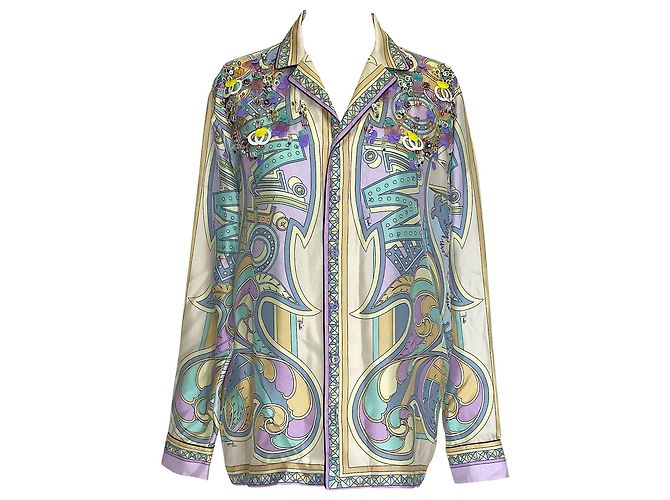 Completo camicia e pantaloni Emilio Pucci lilla, menta e seta gialla con paillettes e perle - vista 2