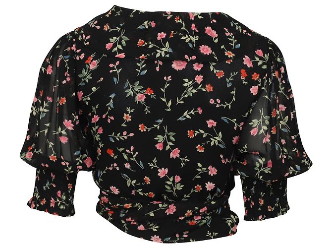 Ganni Chiffon-Wickelbluse mit Blumenmuster in schwarzer Viskose - Ansicht 3