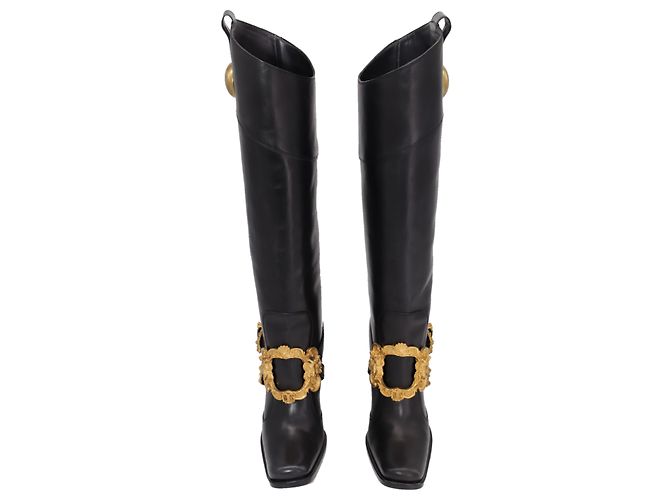 Botas de cano alto Dolce & Gabbana com detalhe de fivela dourada em couro preto - vista 6