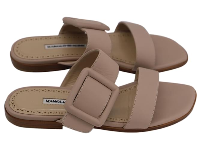 Manolo Blahnik Tituba Flat Sandals in Beige Leather ref.530080 - Joli