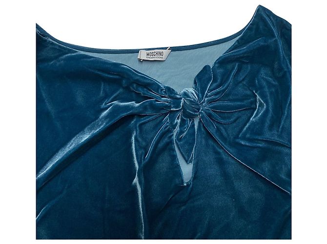 Moschino Samt-Minikleid mit Krawattenknoten in blauer Kunstseide - Ansicht 6