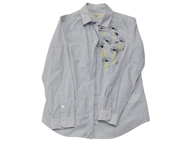 Camisa de rayas finas con bordado de margaritas de Max Mara en algodón azul - vista 3