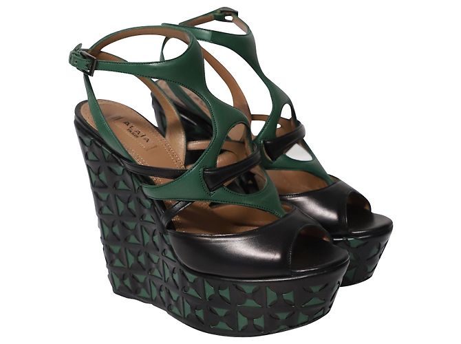 Alaïa Zeppe Alaia a intreccio a canestro tagliate al laser in pelle verde - vista 3