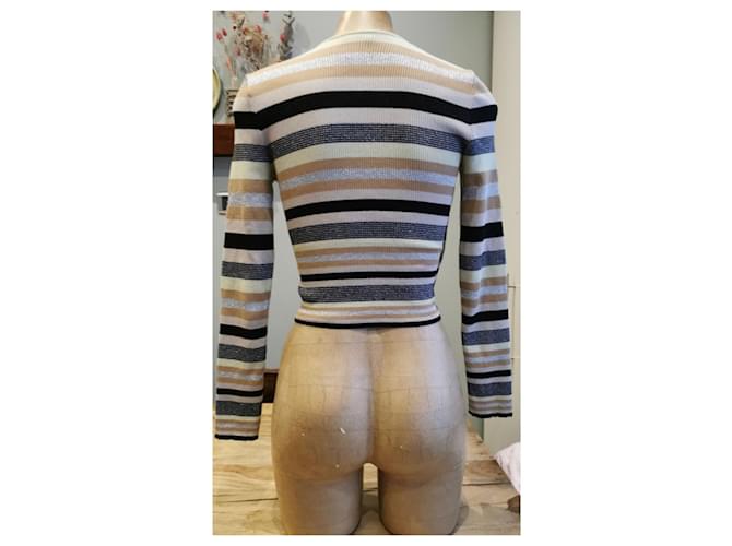 Chanel Striped Camelia Flower Oberteil / Pullover Schwarz Mehrfarben Beige - Ansicht 2