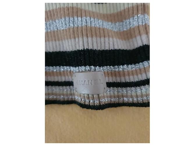 Chanel Striped Camelia Flower Oberteil / Pullover Schwarz Mehrfarben Beige - Ansicht 3